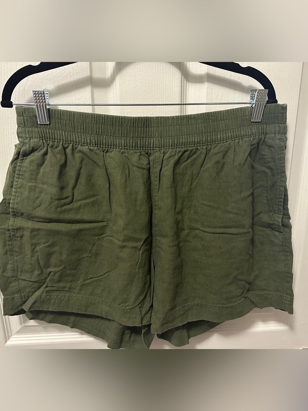 Women’s L Casual Olive Green Linen Blend Shorts with Elastic Waist